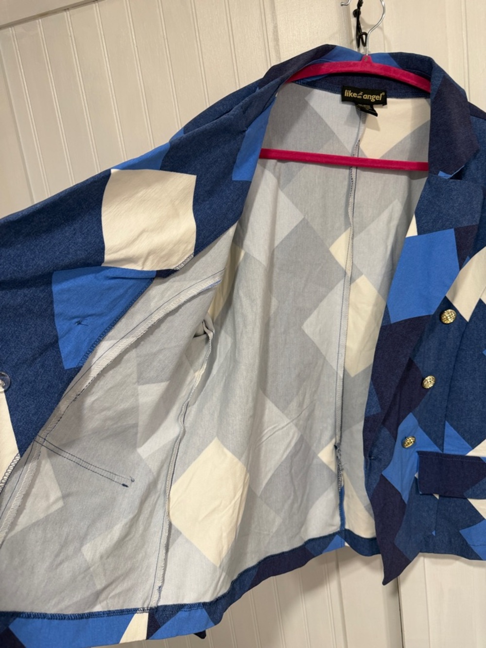 like an angel Blue Geometric Double-Breasted Blazer with White Accents size 1X - Picture 7 of 10